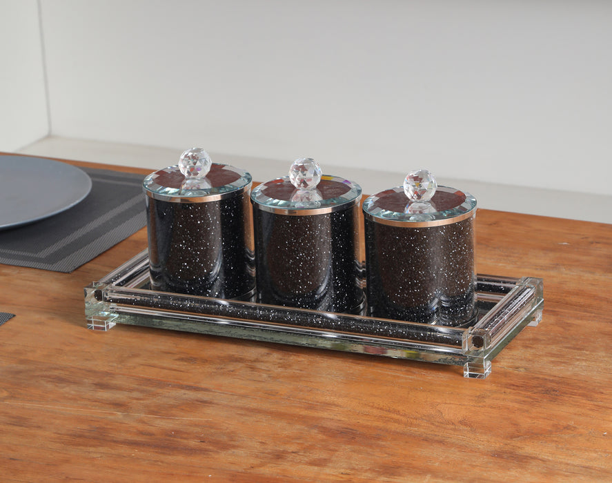 Ambrose Exquisite Tea, Sugar, Coffee Canisters with Tray in Crushed Diamond Glass in Gift Box