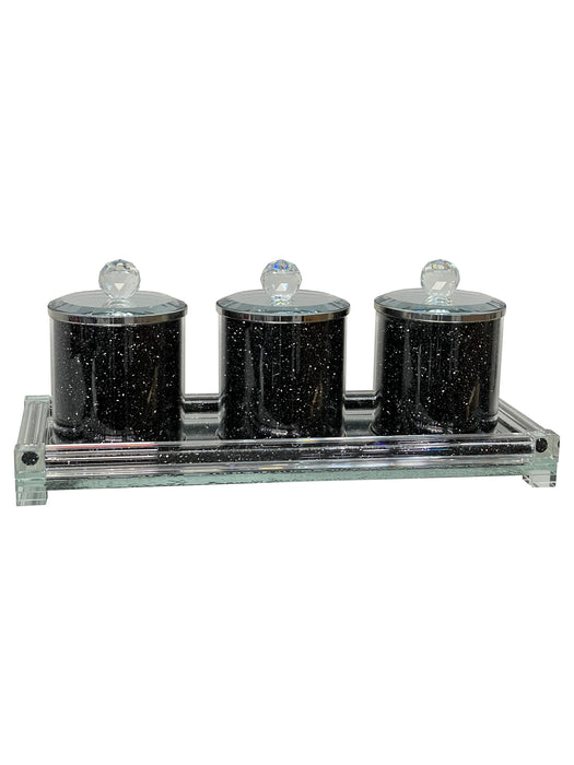 Ambrose Exquisite Tea, Sugar, Coffee Canisters with Tray in Crushed Diamond Glass in Gift Box