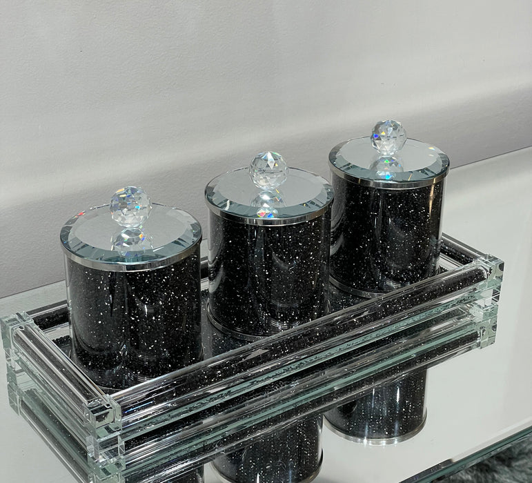 Ambrose Exquisite Tea, Sugar, Coffee Canisters with Tray in Crushed Diamond Glass in Gift Box