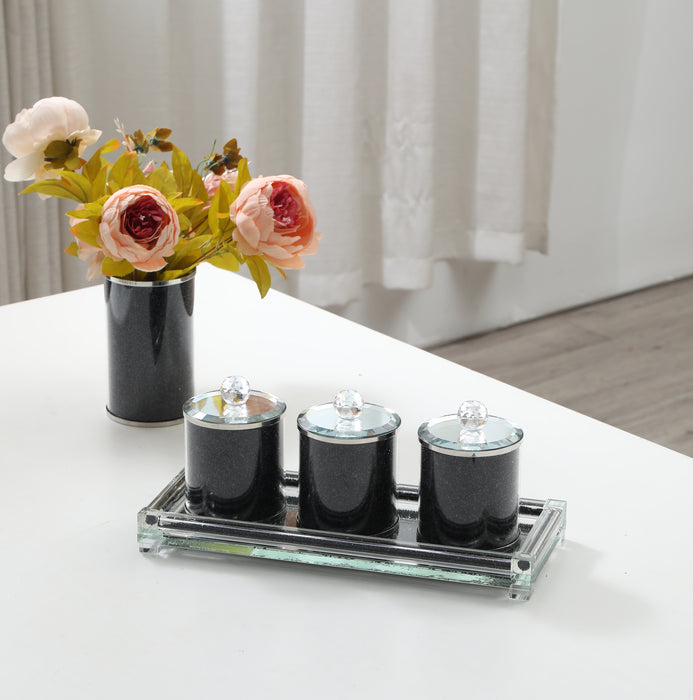 Ambrose Exquisite Tea, Sugar, Coffee Canisters with Tray in Crushed Diamond Glass in Gift Box