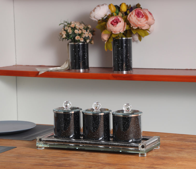 Ambrose Exquisite Tea, Sugar, Coffee Canisters with Tray in Crushed Diamond Glass in Gift Box