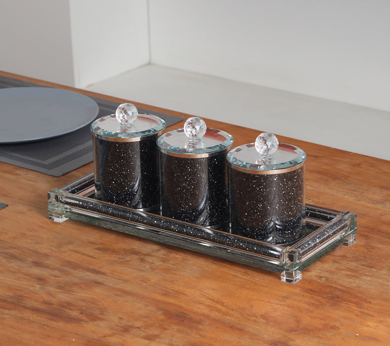 Ambrose Exquisite Tea, Sugar, Coffee Canisters with Tray in Crushed Diamond Glass in Gift Box