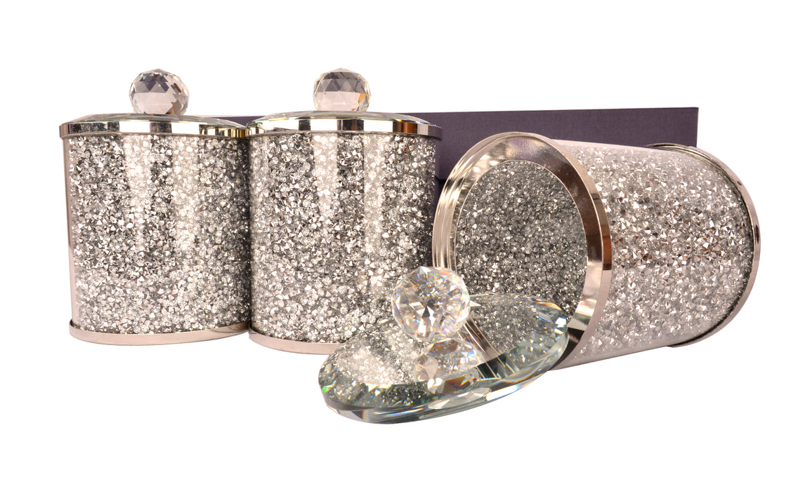 Ambrose Exquisite Tea, Sugar, Coffee Canisters with Tray in Crushed Diamond Glass in Gift Box