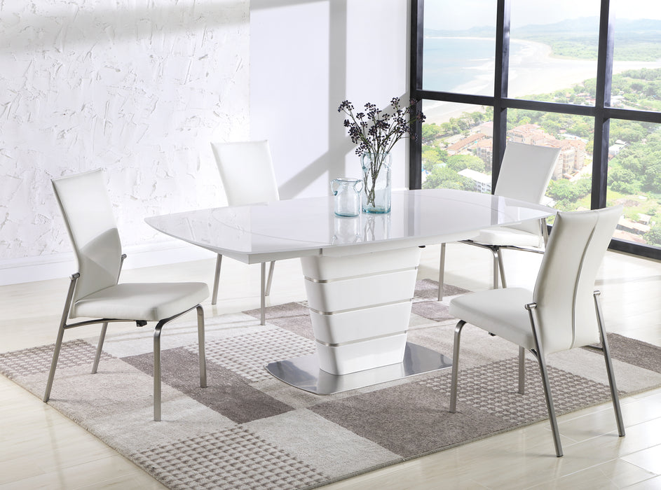 Contemporary Dining Set w/ White Glass Table & 4 Motion-Back Chairs