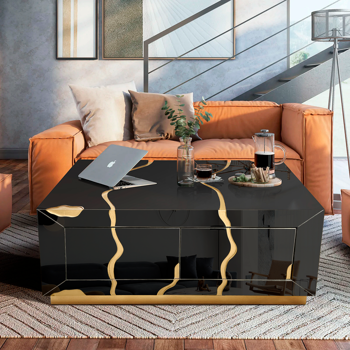 Timeless Rectangular Coffee Table in Black with Liquid Gold Accent