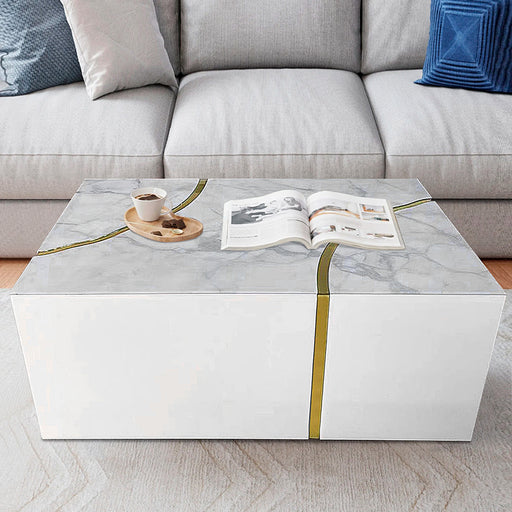 Timeless Rectangular Coffee Table in White with Gold and Marble Accent