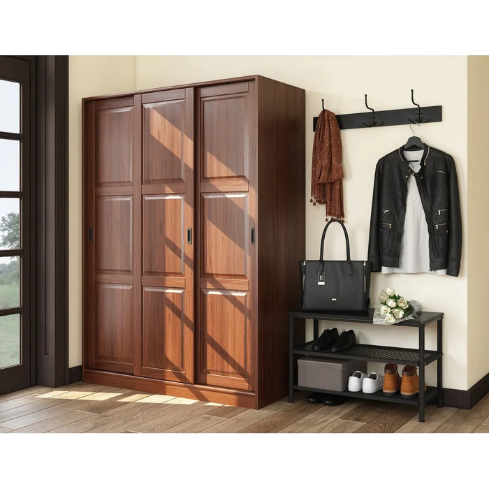 5673 - 100% Solid Wood 3-Sliding Door Wardrobe Armoire, Mocha