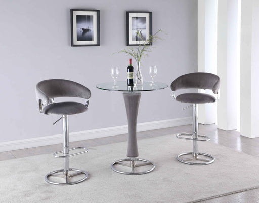 Contemporary Pub Set w/ Round Glass Table, Upholstered Pedestal & 2 Stools DANIELLA-PUB-3PC