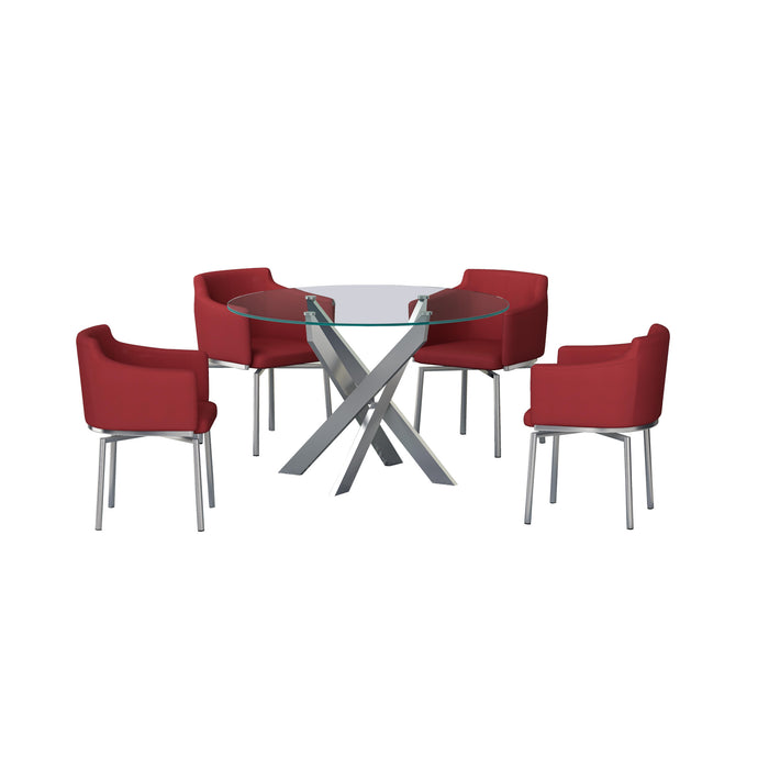 Dining Set w/ Round Glass Table & Swivel Club Chairs DUSTY-5PC-RED