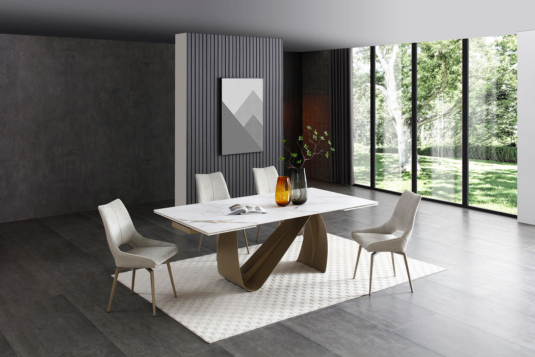 9087 Champagne-Bronze Table with 1239 swivel Beige Champagne chairs