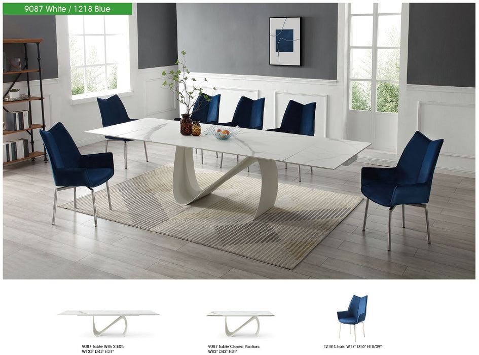 9087 Table White with 1218 swivel blue chair