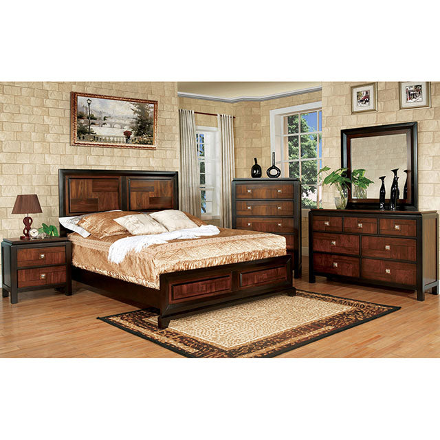 Patra Bed + 1NS + Dresser + Mirror + Chest - Acacia/Walnut