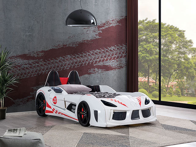 Trackster Race Car Bed W/ 5" Mattress - White