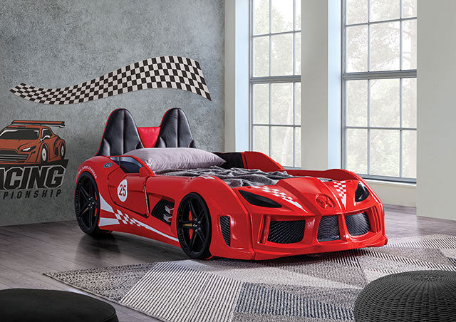 Trackster Race Car Bed W/ 5" Mattress - Red