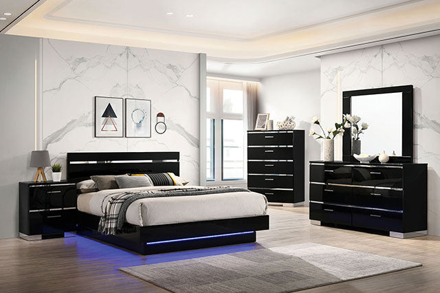 Erlach Bed + 2NS + Dresser + Mirror - Black/Chrome