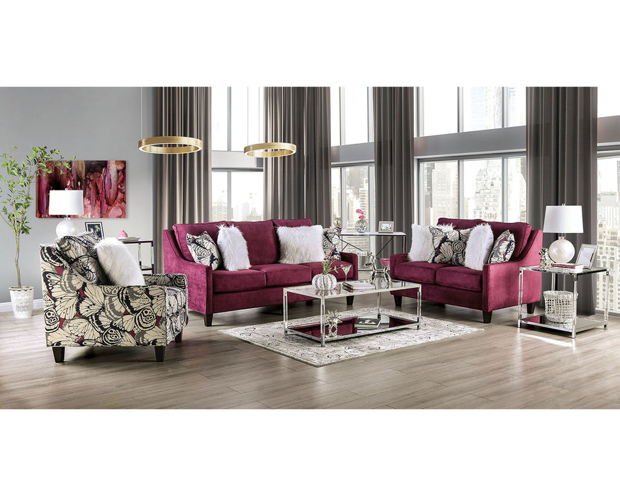 Jillian Sofa + Loveseat - Plum/Ivory/White