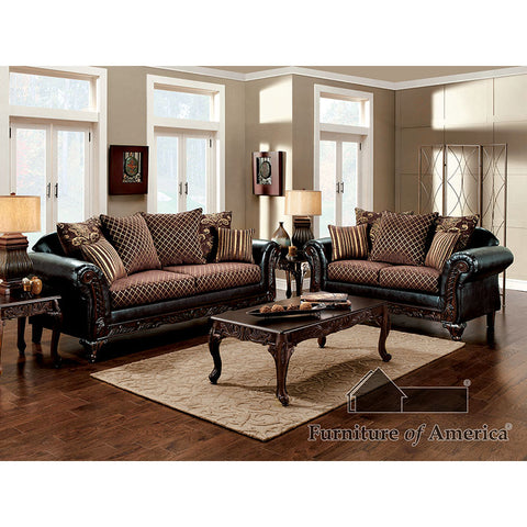 San Roque Sofa + Loveseat - Crosshatch Brown/Espresso/Dark Cherry