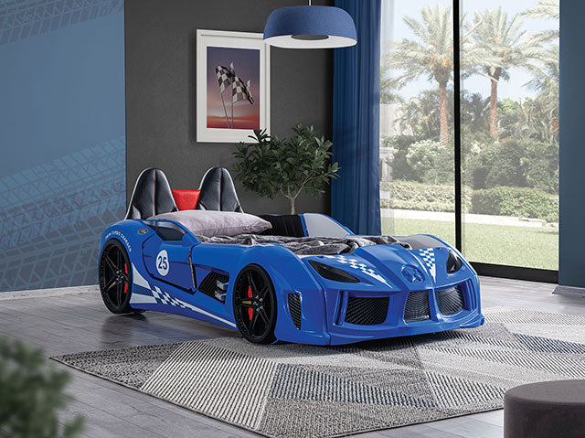 Trackster Race Car Bed W/ 5" Mattress - Blue