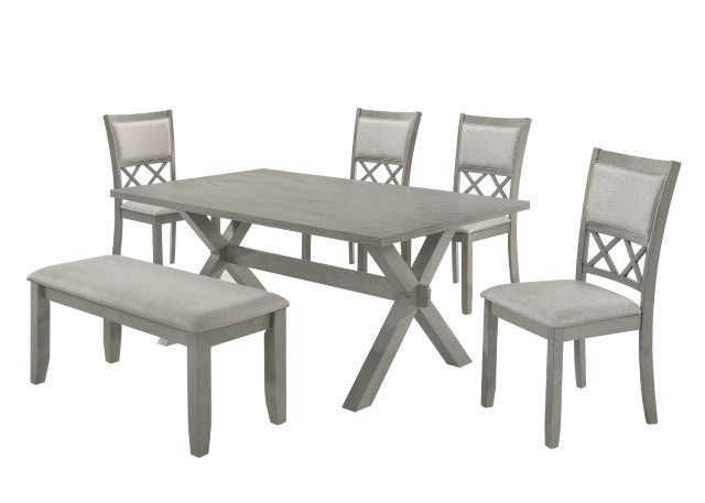 Dining Set 6 PC. Dining Table Set W/ Bench - Light Gray