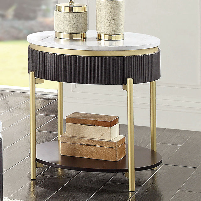 Koblenz Round End Table W/ 18MM White Faux Marble Top & 1PC Drawer - Dark Walnut