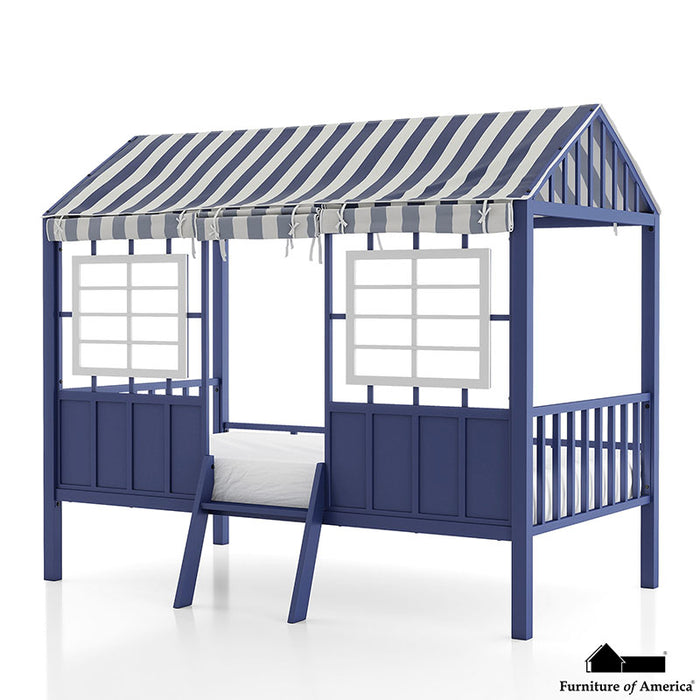 Blue/White Kids House Bed With Canopy