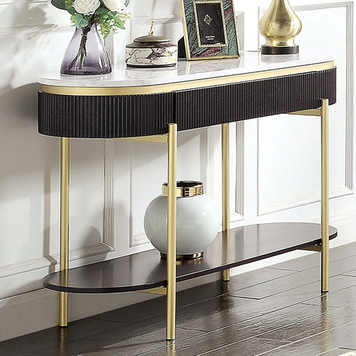 Koblenz Oval Sofa Table W/ 18MM White Faux Marble Top & 1PC Drawer - Dark Walnut