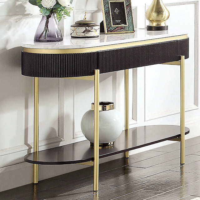 Koblenz Oval Sofa Table W/ 18MM White Faux Marble Top & 1PC Drawer - Dark Walnut