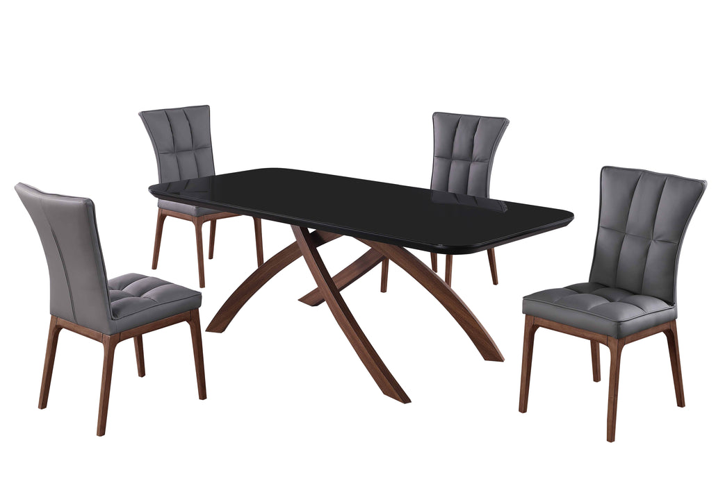 Dining Set w/ Black Glass Table & Tufted Solid Wood Legged Chairs EMILY-PEGGY-5PC-GRY