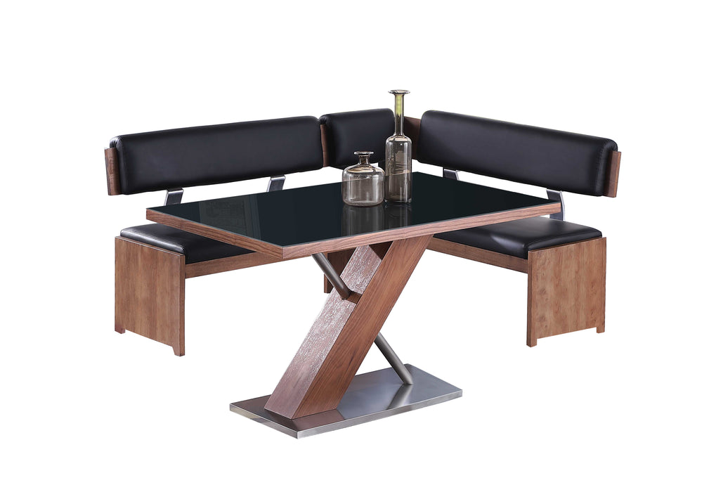 Modern Set w/ Wooden & Black Glass Table & Nook EMMA-2PC