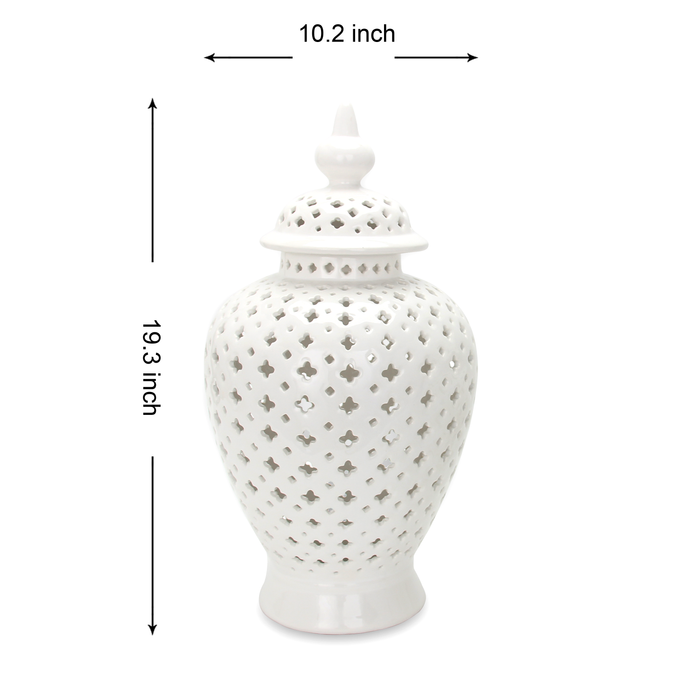 Beloved White Ceramic Ginger Jar Vase with Decorative Design and Removable Lid