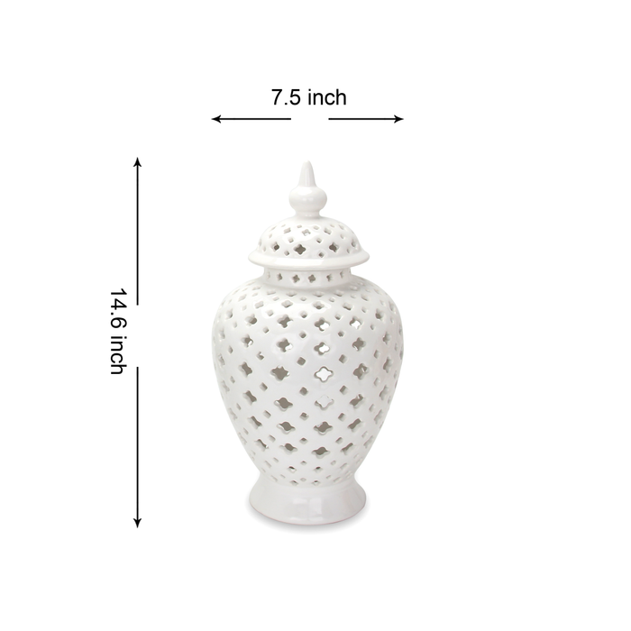 Beloved White Ceramic Ginger Jar Vase with Decorative Design and Removable Lid