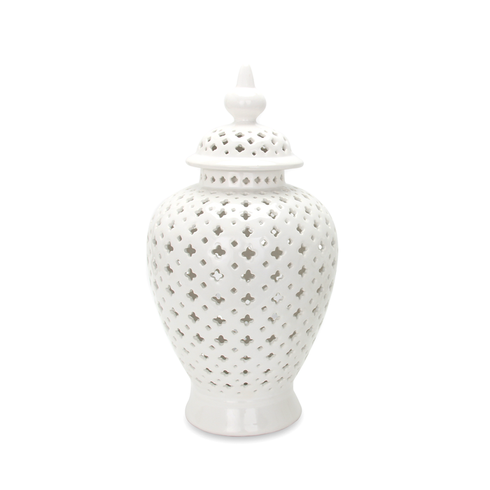 Beloved White Ceramic Ginger Jar Vase with Decorative Design and Removable Lid