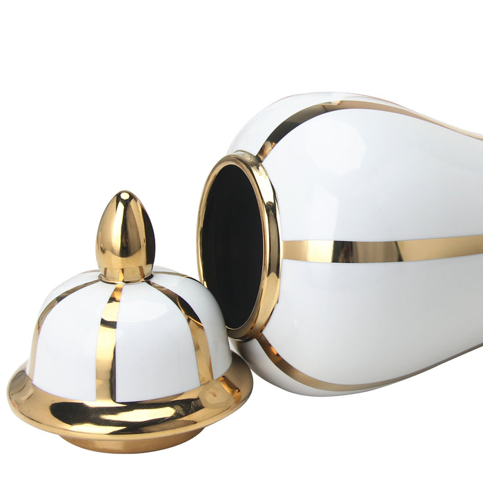 Regal White Linear Gilded 19 Ginger Jar with Removable Lid