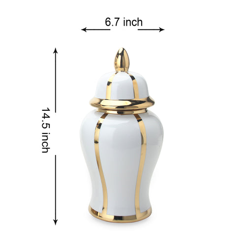 Regal White Linear Gilded 14 Ginger Jar with Removable Lid