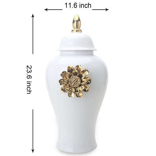 Regal White 24.5 Ginger Jar with Gilded Flower