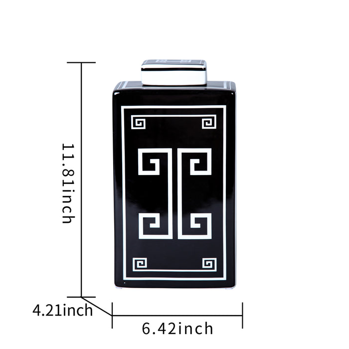 Beloved Rectangular Ceramic Decorative Jar with Black and White Geometric Design