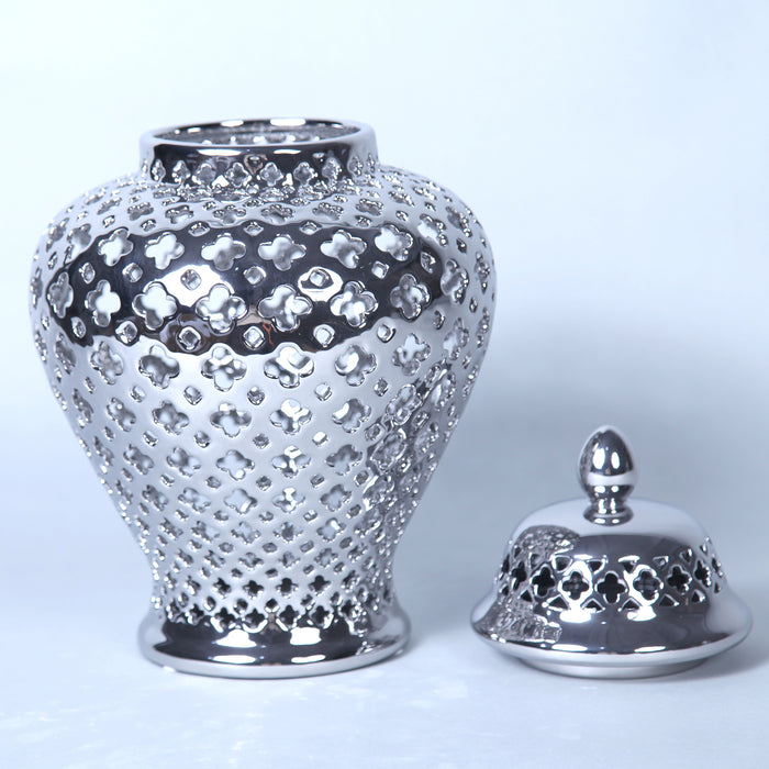 Beloved Silver Ceramic Ginger Jar with Decorative Design