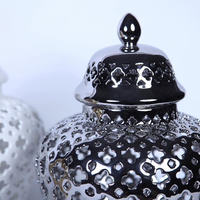Beloved Silver Ceramic Ginger Jar with Decorative Design