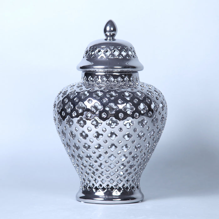 Beloved Silver Ceramic Ginger Jar with Decorative Design