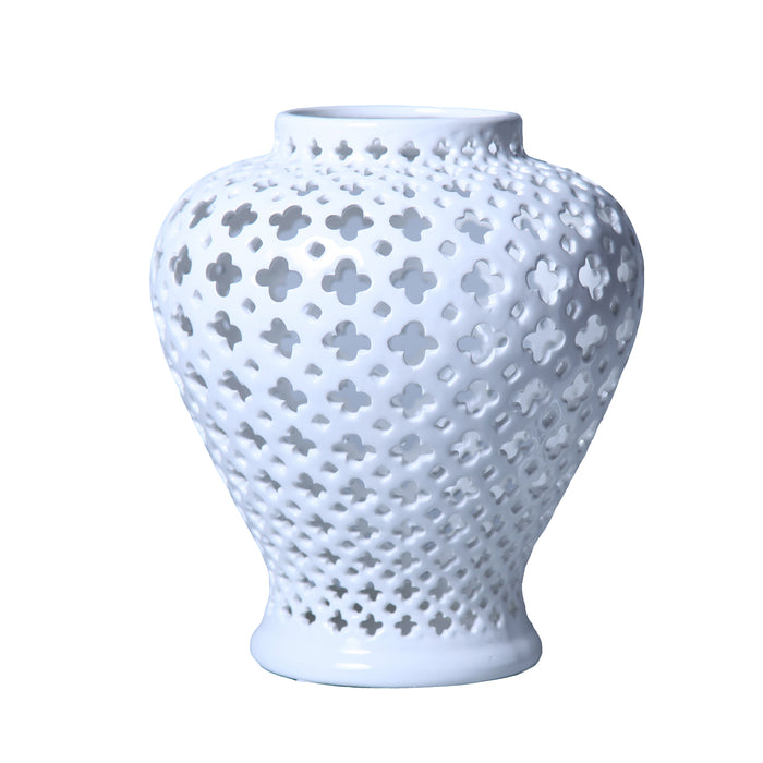 Beloved White Ceramic Ginger Jar Vase with Decorative Design and Removable Lid