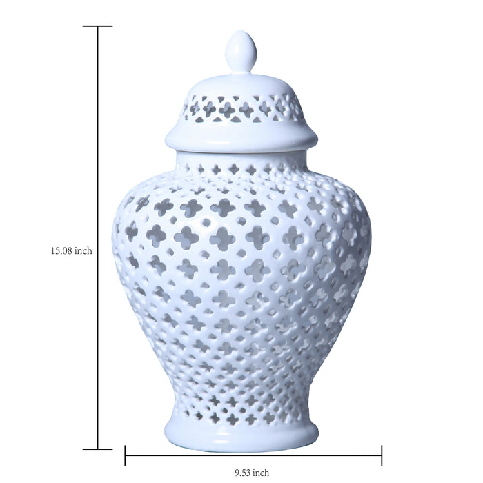 Beloved White Ceramic Ginger Jar Vase with Decorative Design and Removable Lid