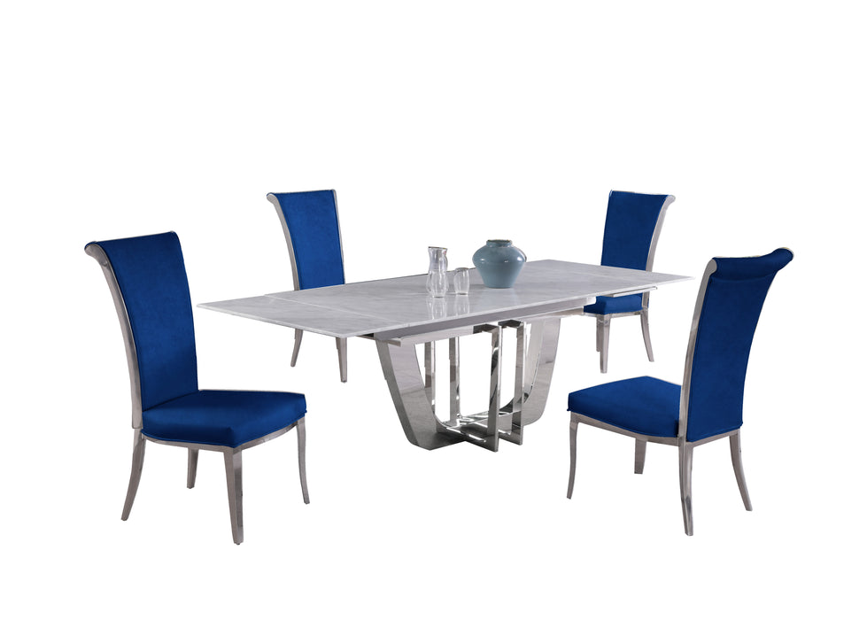 Dining Set w/ Extendable Carrara Marble Table & 4 High-back Chairs JOY-5PC-BLU-FAB