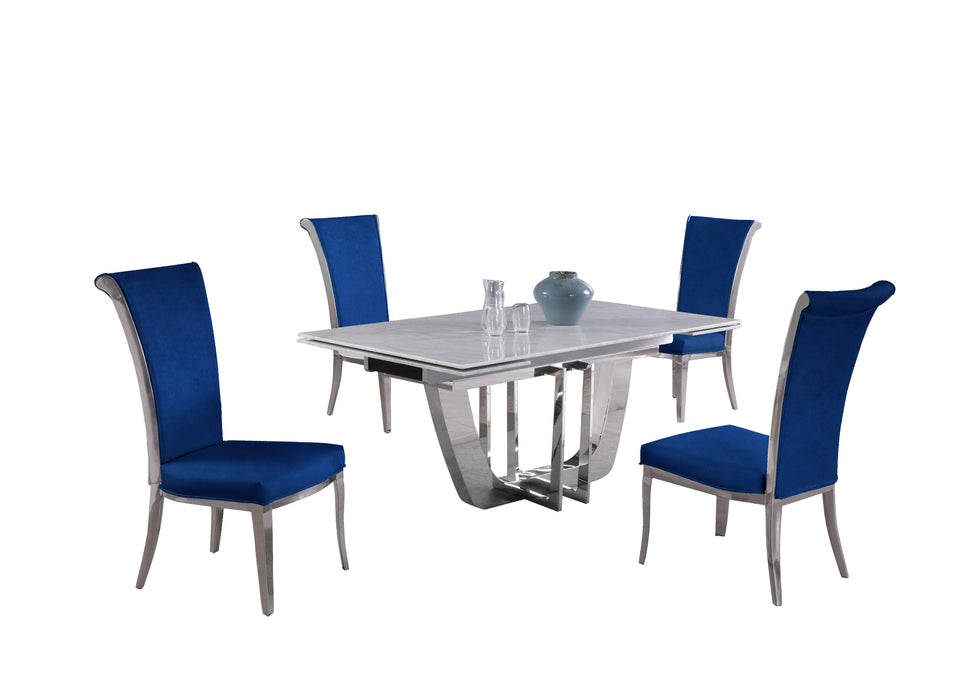 Dining Set w/ Extendable Carrara Marble Table & 4 High-back Chairs JOY-5PC-BLU-FAB