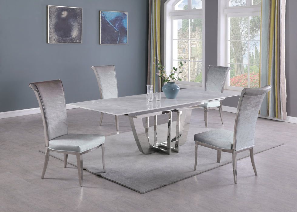 Dining Set w/ Extendable Carrara Marble Table & 4 High-back Chairs JOY-5PC-GRY-FAB