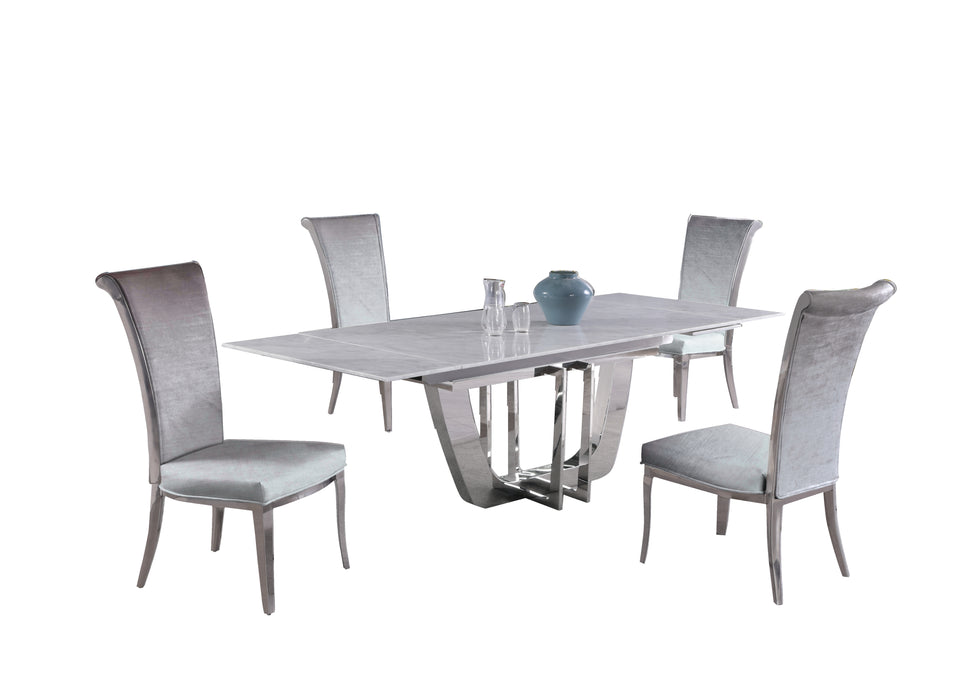 Dining Set w/ Extendable Carrara Marble Table & 4 High-back Chairs JOY-5PC-GRY-FAB