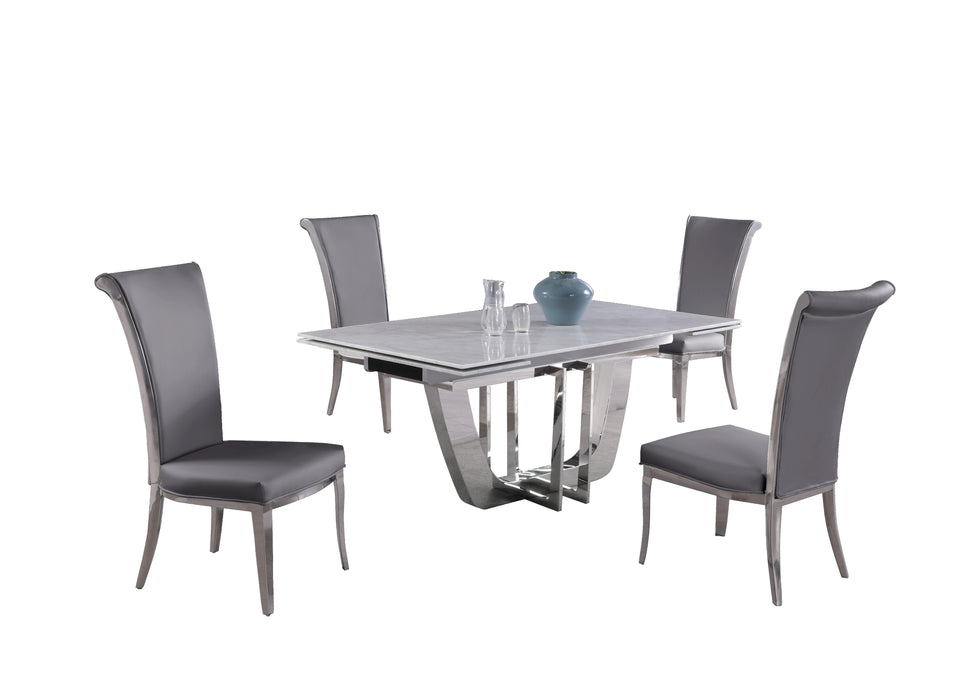 Dining Set w/ Extendable Carrara Marble Table & 4 High-back Chairs JOY-5PC-GRY-FAB