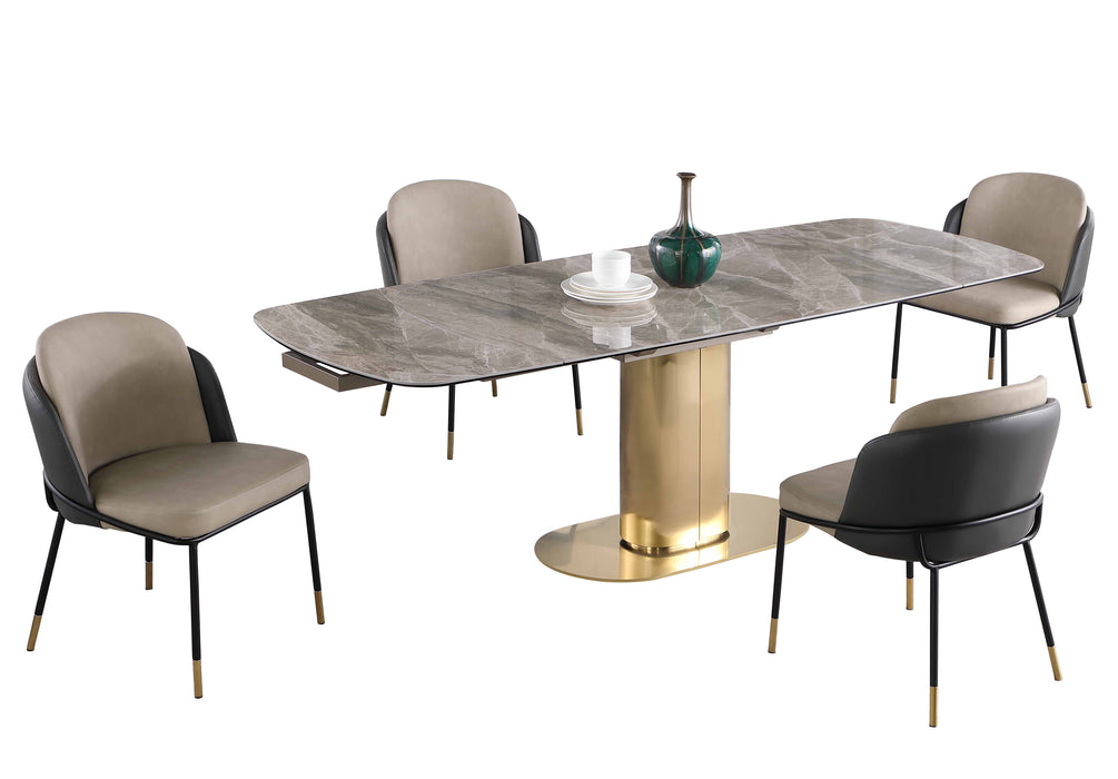 Dining Set w/ Extendable Marbleized Sintered Stone Table & 2Tone Chairs w/ Golden Accents KARLA-KATHERINE-5PC