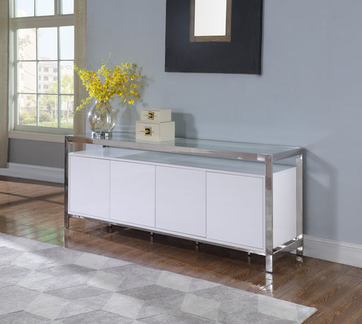 Modern White Buffet w/ Stainless Steel & Tempered Glass Top KRISTA-BUF