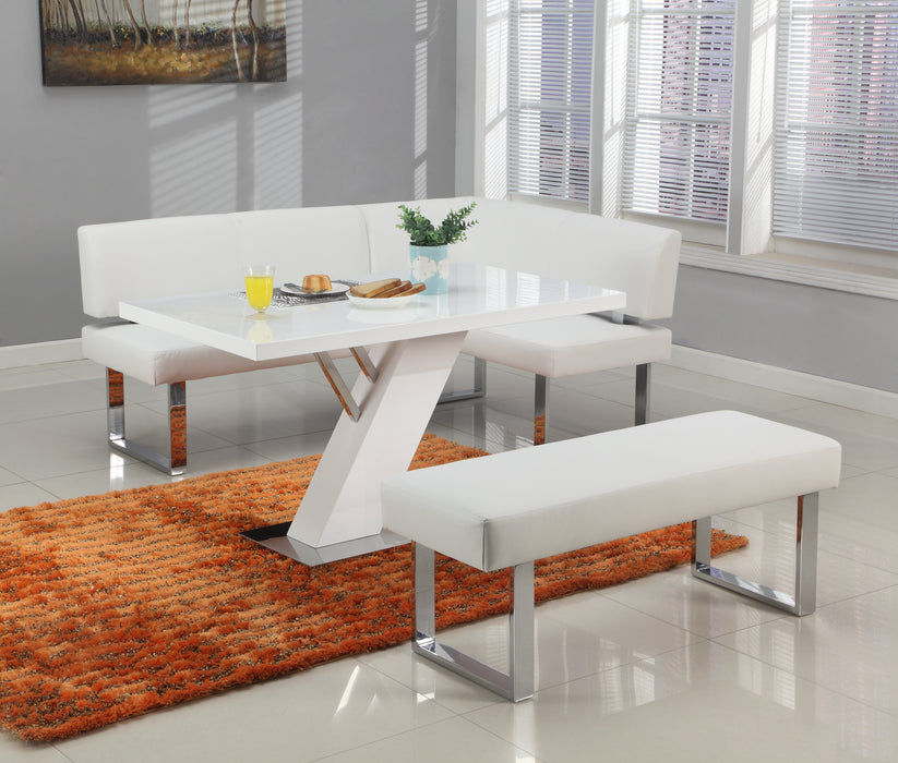 Contemporary Dining Set w/ White Gloss Table, Upholstered Bench & Nook