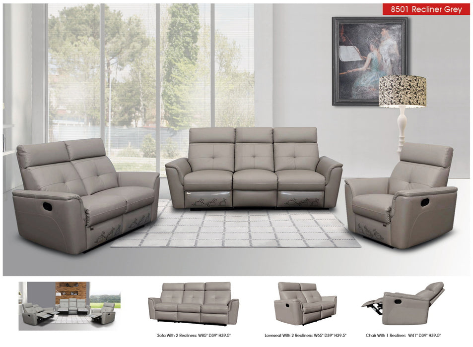8501 Light Grey Sofa w/Manual Recliners